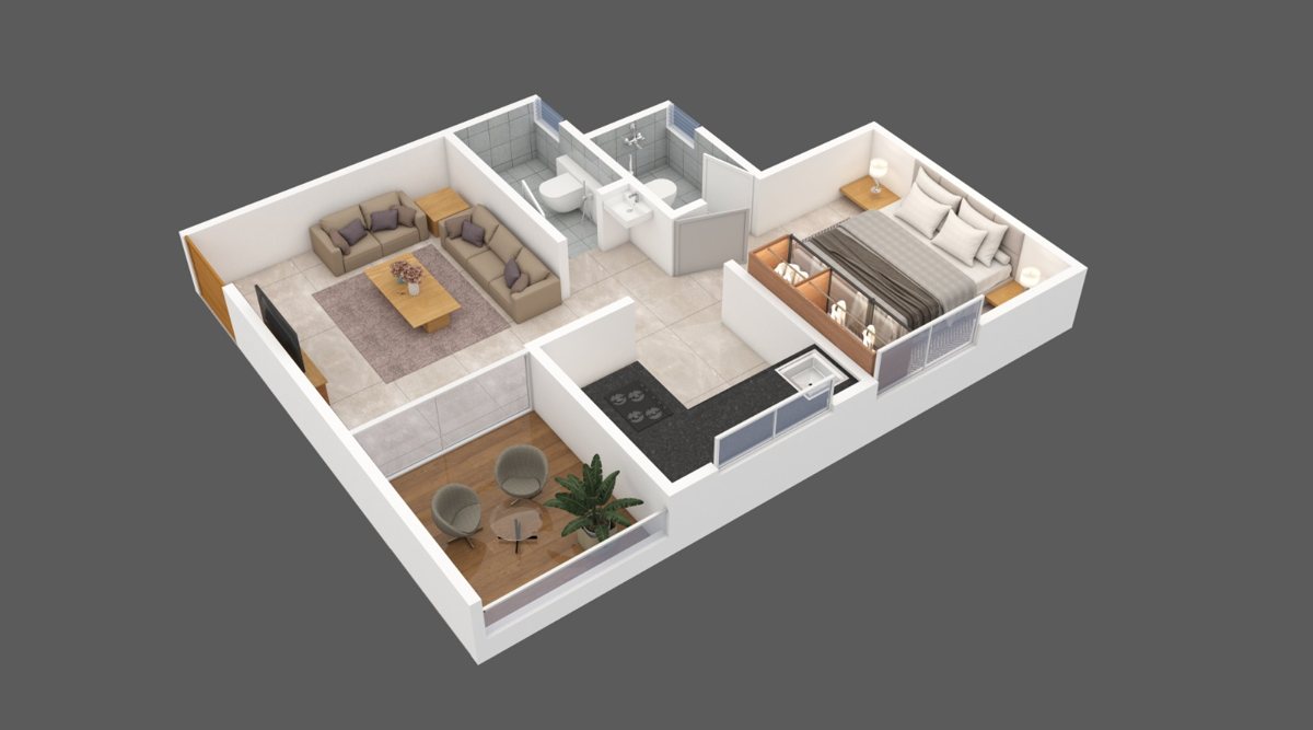1 BHK 3D layout