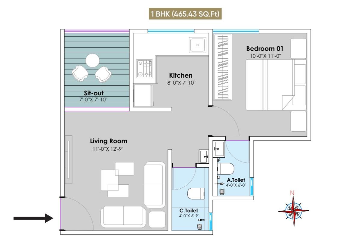 1 BHK floor plan with room sizes