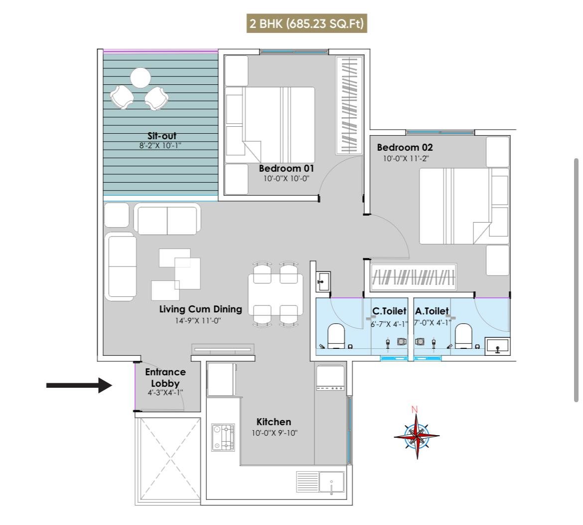 2 BHK floor plan with room sizes